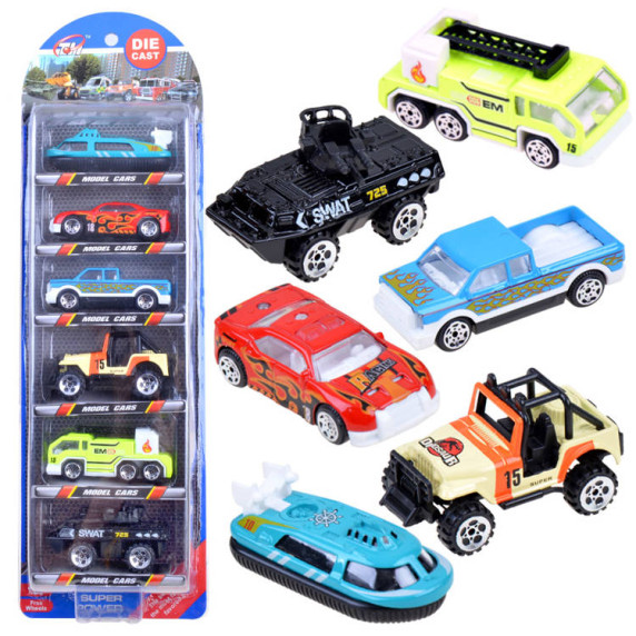 Sada kovových vozidiel 6 kusov Inlea4Fun DIE CAST - mix vozidiel