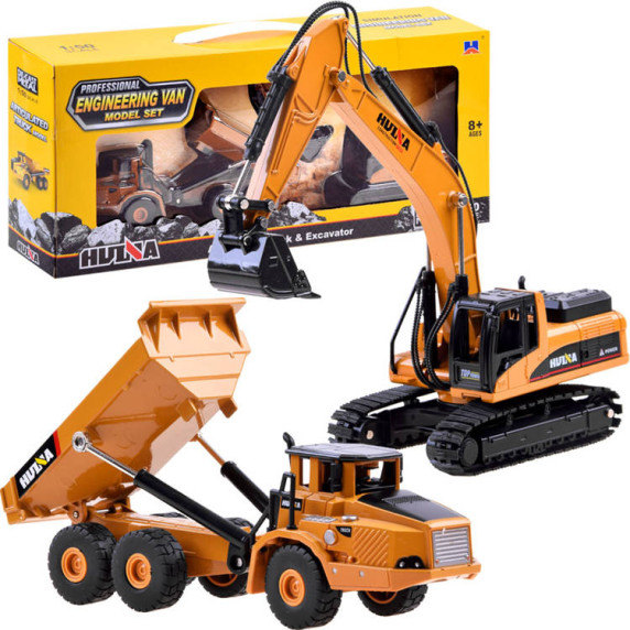 Sada stavebných vozidiel, sklápač+bager Inlea4Fun ARTICULATED TRUCK & EXCAVATOR