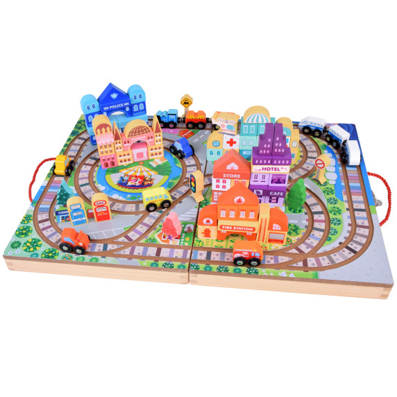 Drevená súprava stavebných kociek s vláčikom v kufríku 89 prvkov Inlea4Fun TRAIN SET BLOCK 