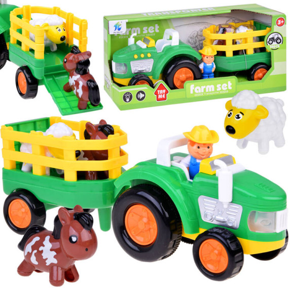 Interaktívny traktor s prívesom, farmárom a zvieratkami Inlea4Fun FARM SET