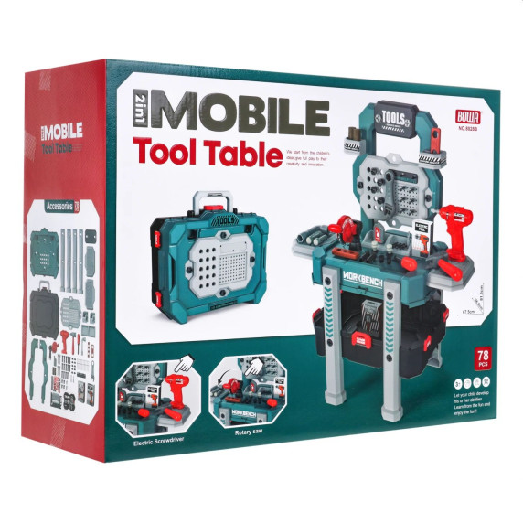 Detská dielňa 2v1 s doplnkami 78 prvkov Inlea4Fun MOBILE TOOL TABLE